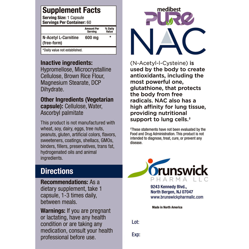 Supplement label for N-Acetyl-L-Cysteine (NAC) with branding and contact information.