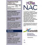 Supplement label for N-Acetyl-L-Cysteine (NAC) with branding and contact information.