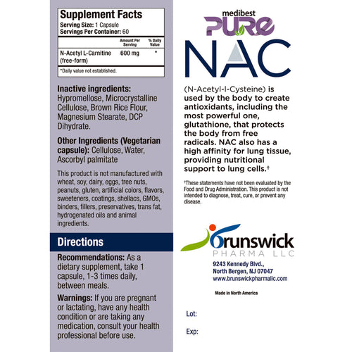 Supplement label for N-Acetyl-L-Cysteine (NAC) with branding and contact information.