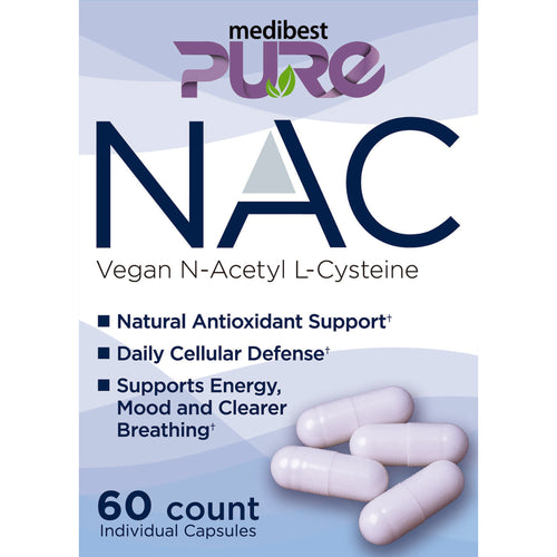 Medibest Pure NAC supplement packaging with text and capsules on a light blue background